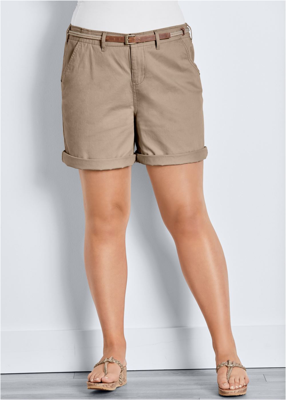 Venus Plus Size Belted Cuffed Shorts - Khaki