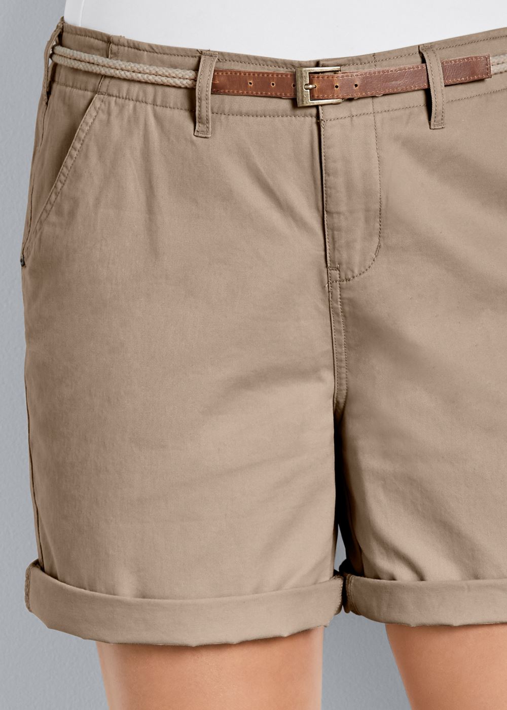 Venus Plus Size Belted Cuffed Shorts - Khaki