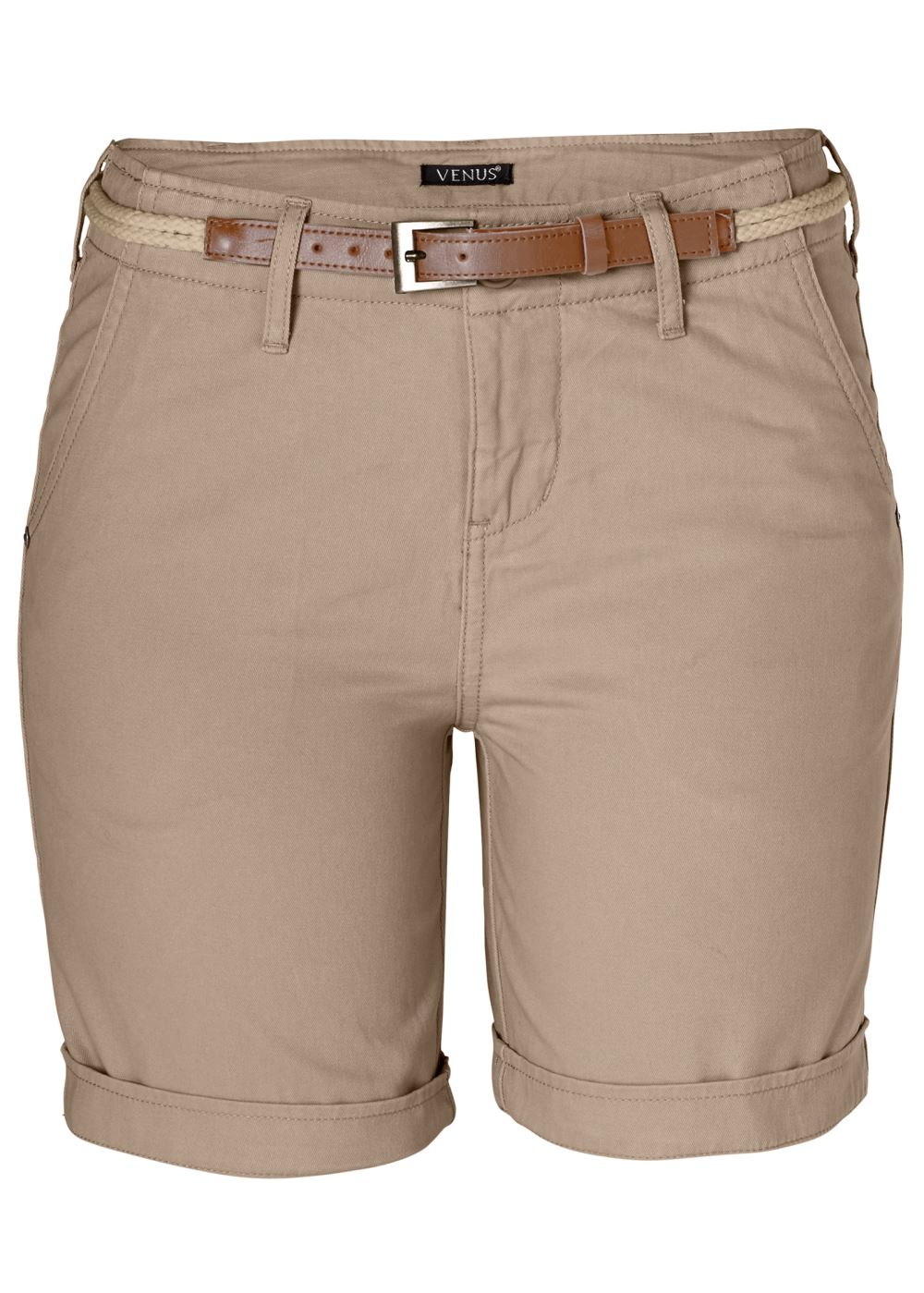 Venus Plus Size Belted Cuffed Shorts - Khaki