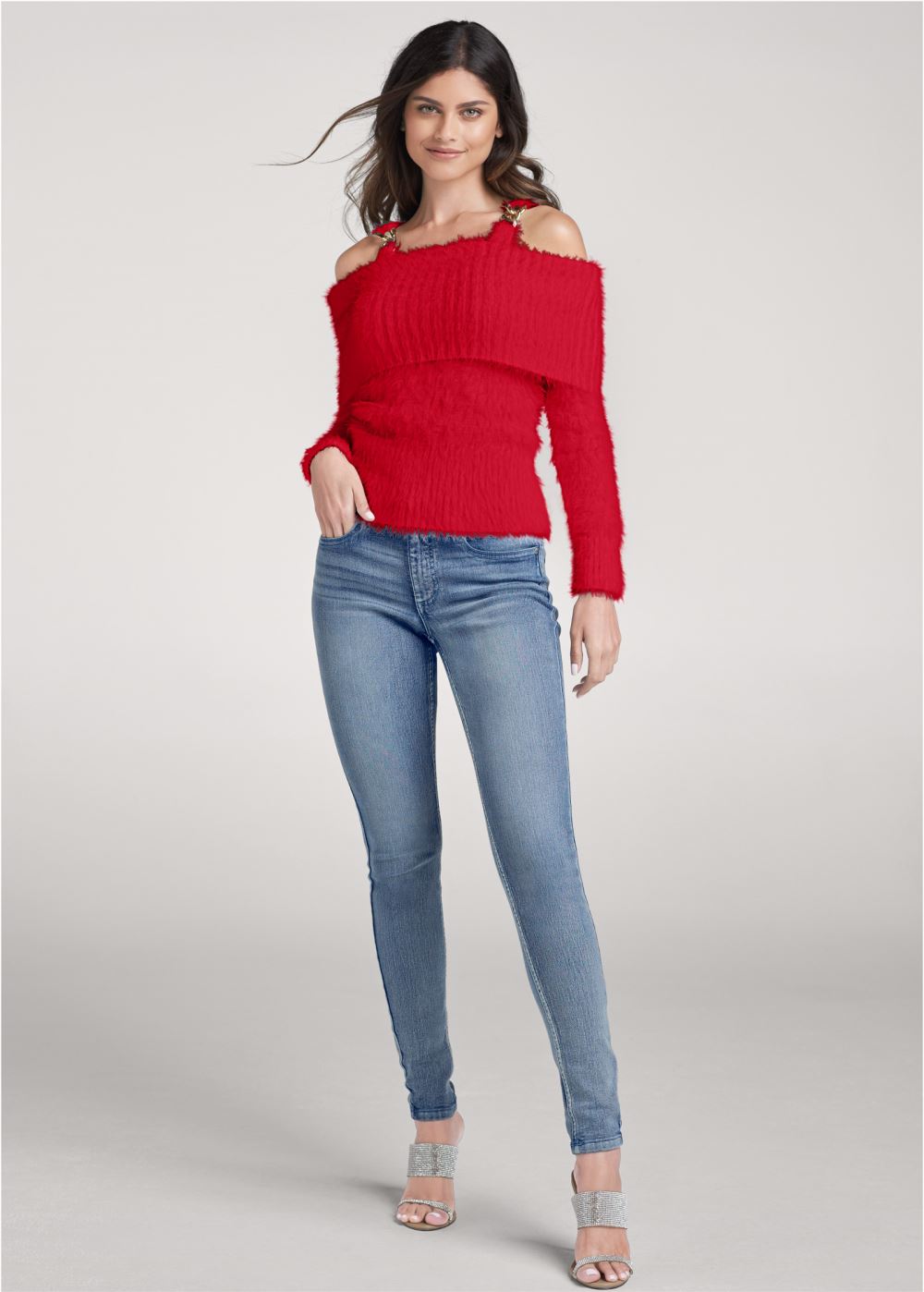 Venus Plus Size Chain Detail Cold-Shoulder Sweater in Red