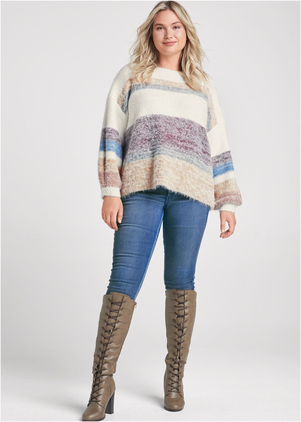 Venus Plus Size Striped Eyelash Sweater in White Multi