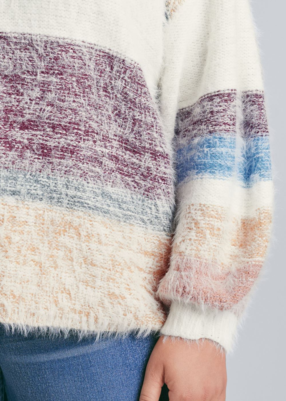 Venus Plus Size Striped Eyelash Sweater in White Multi