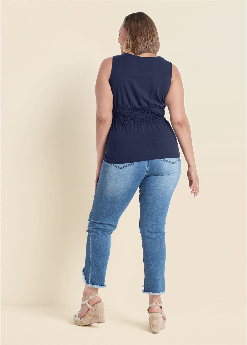 Venus Navy Smocked Square Neck Top