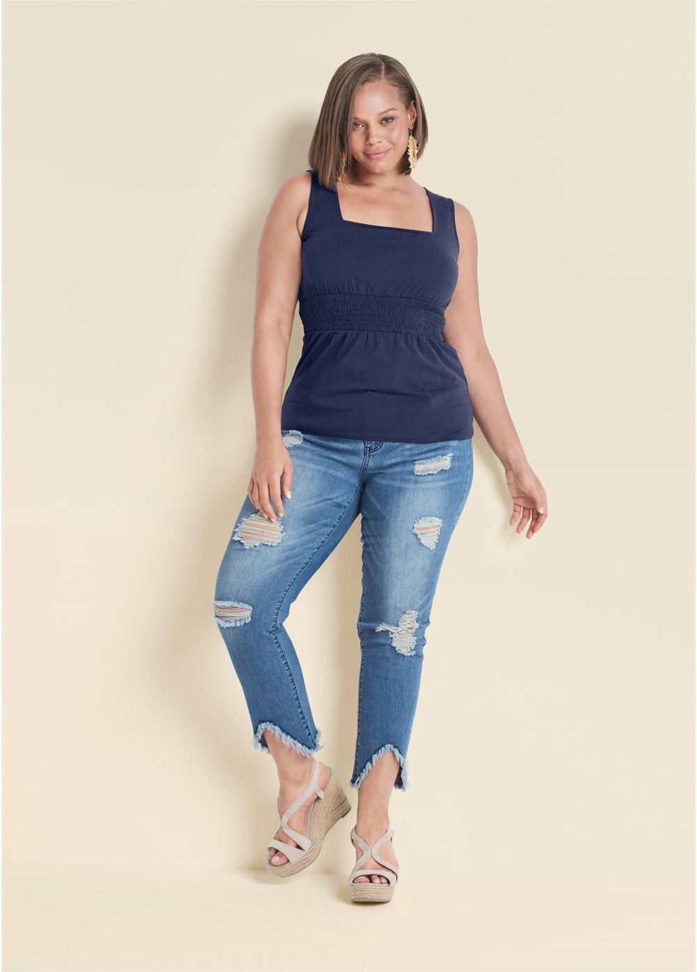 Venus Navy Smocked Square Neck Top