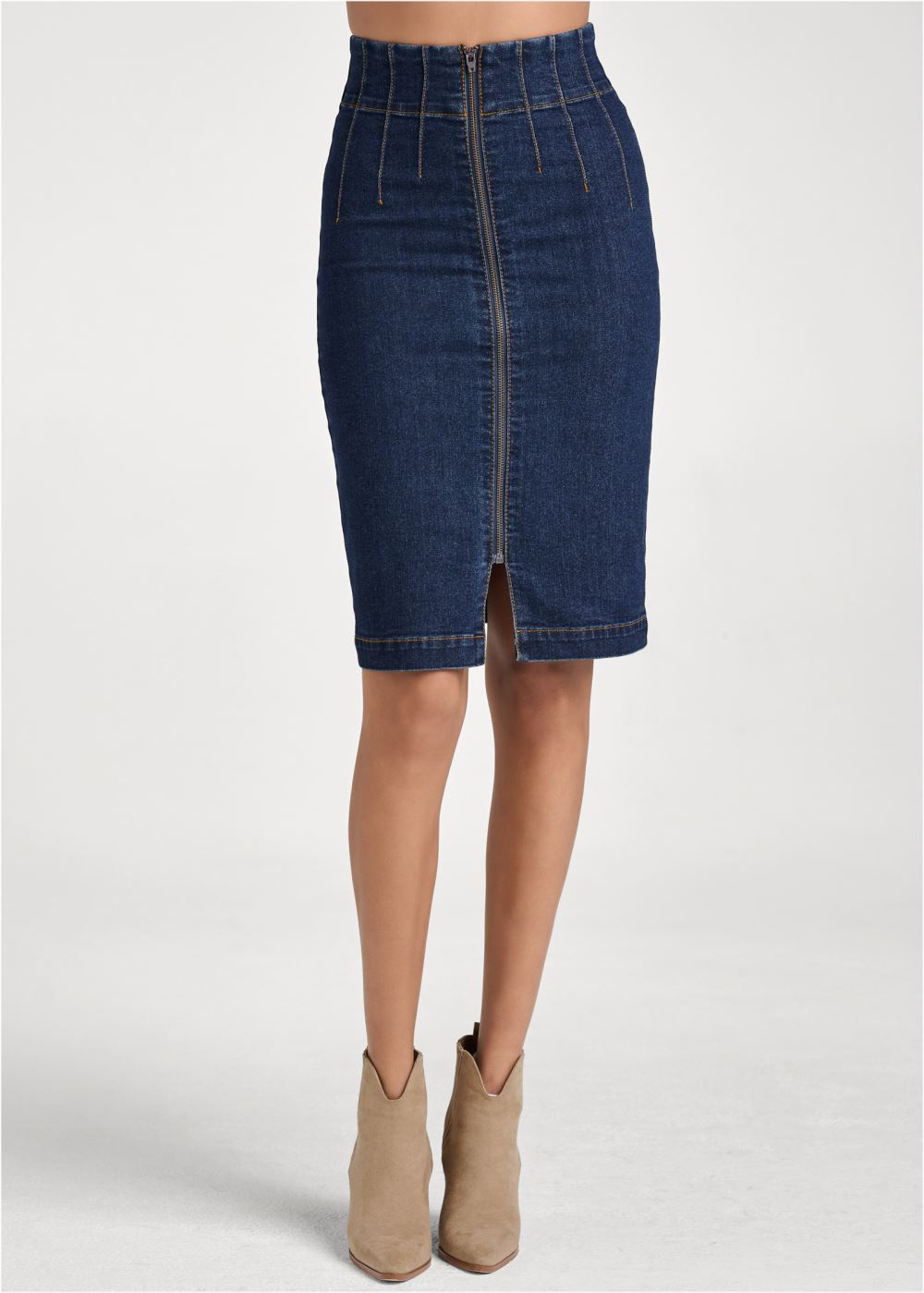 Venus Plus Size Pintuck Front Zipper Skirt - Dark Wash