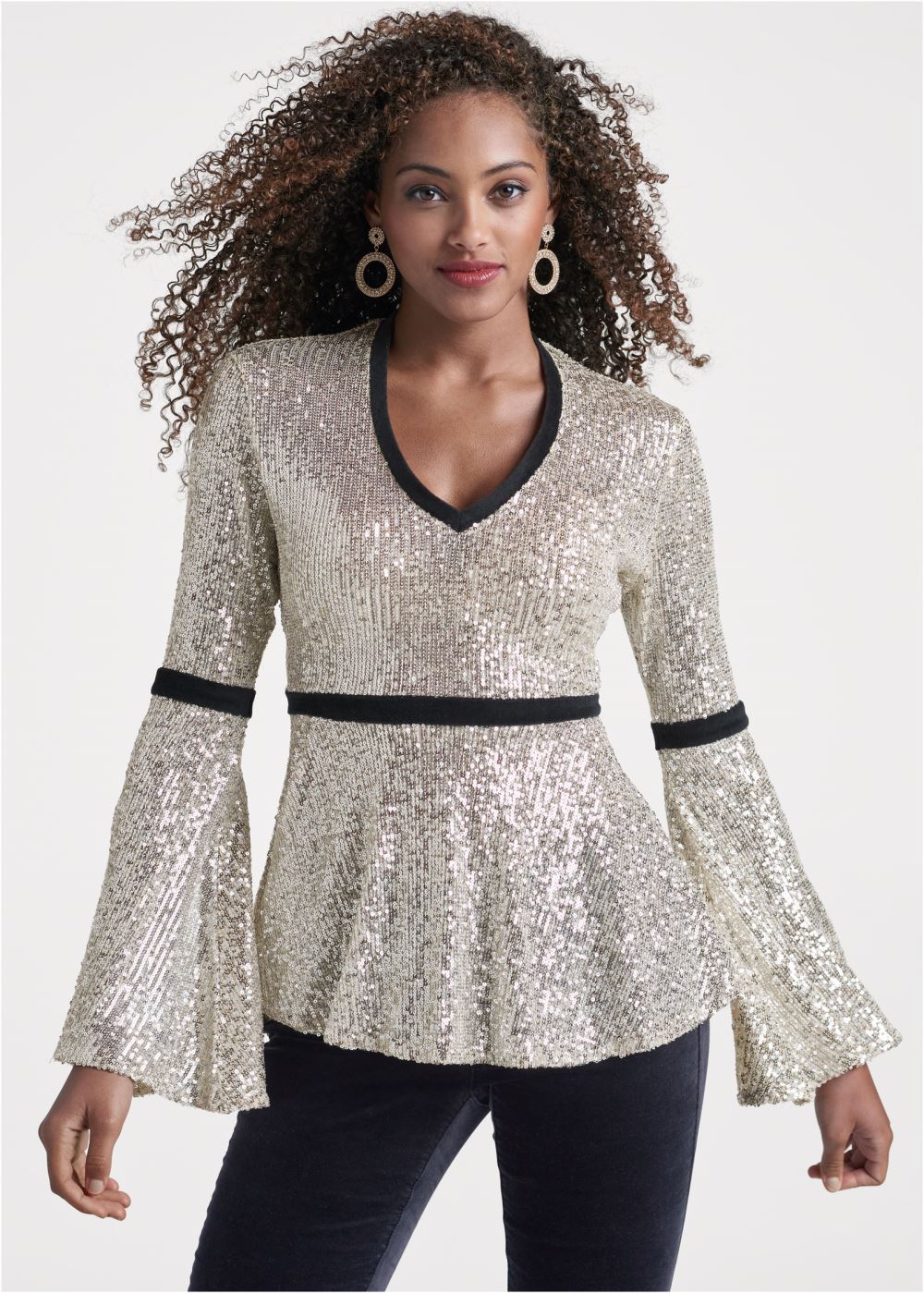 Venus Plus Size Sequin Bell Sleeve Top