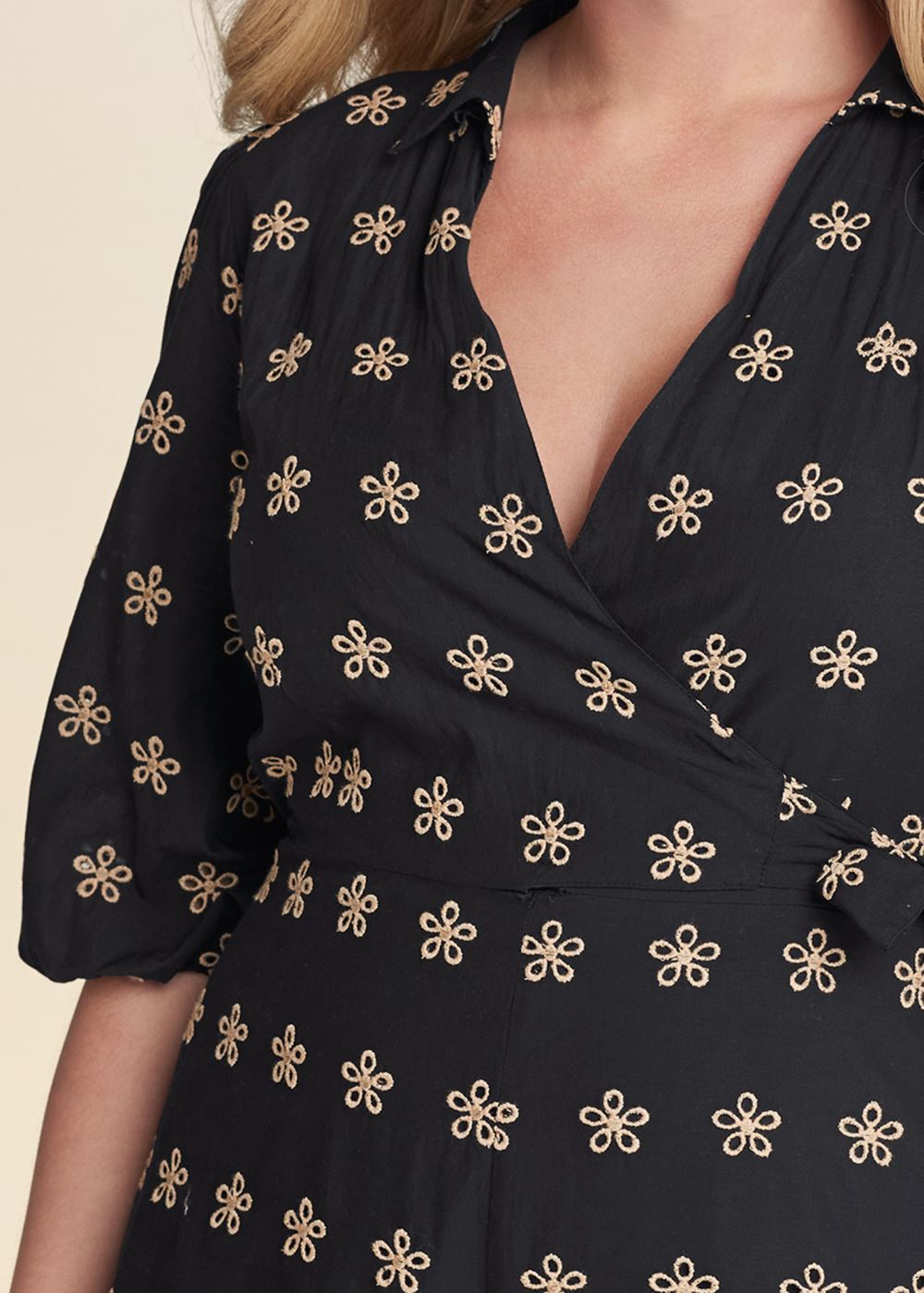 Venus Plus Size Eyelet Wrap Tie Romper in Black & Taupe