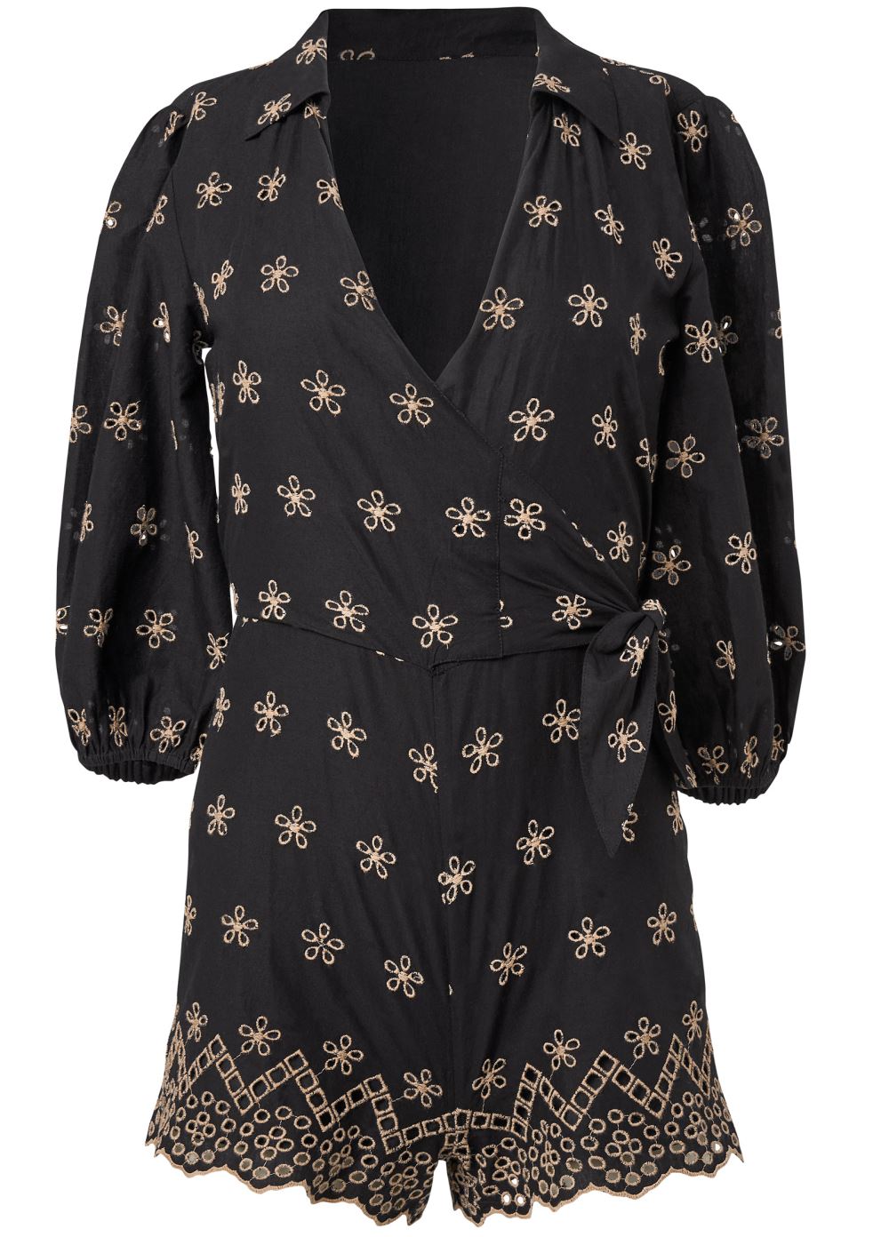 Venus Plus Size Eyelet Wrap Tie Romper in Black & Taupe