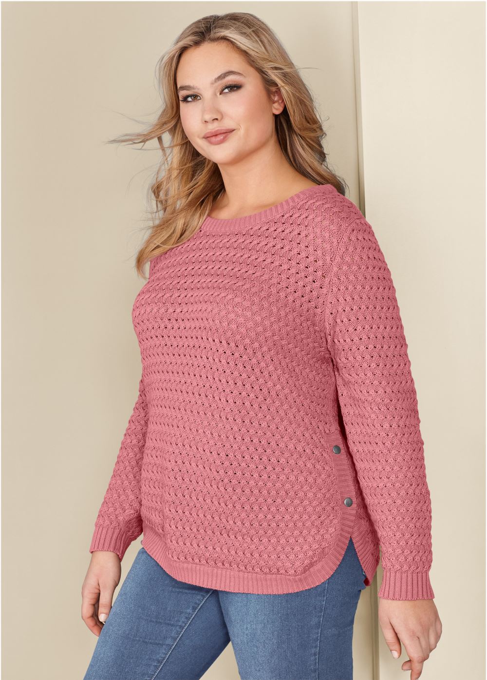 Venus Plus Size Button Detail Sweater in Pink