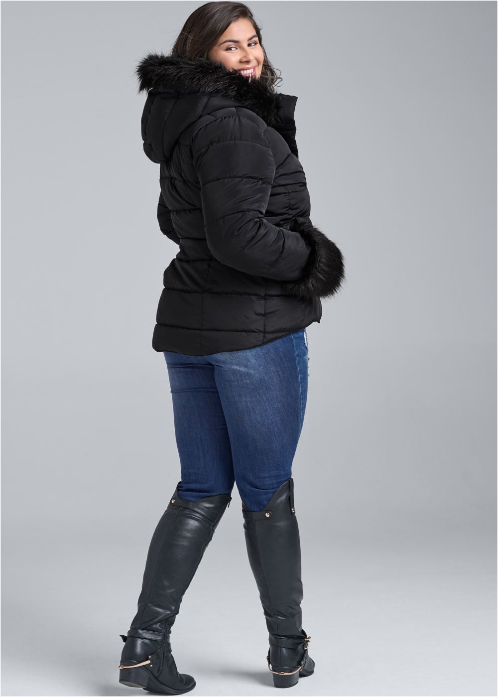 Venus Faux-Fur Trim Puffer Coat in Black
