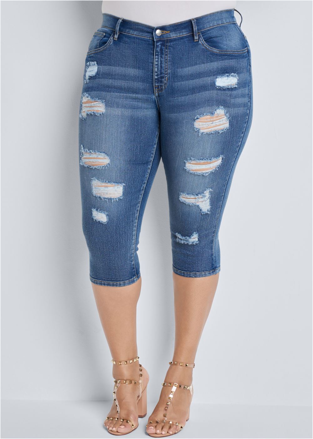 Venus Medium Wash RIPPED CAPRI JEANS
