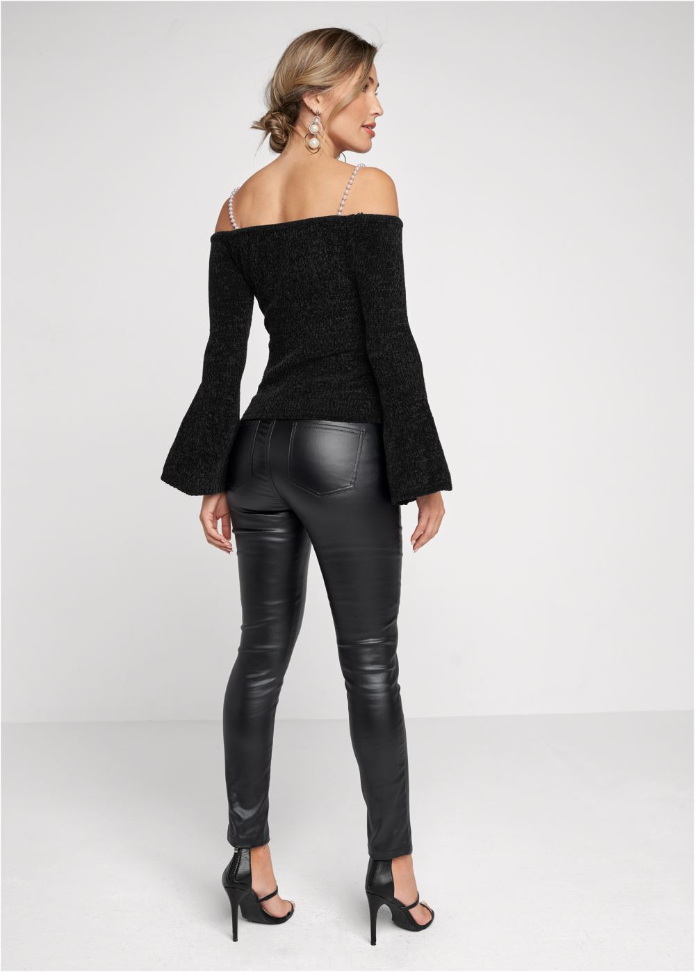 Venus Plus Size Off-The-Shoulder Pearl Strap Chenille Sweater in Black