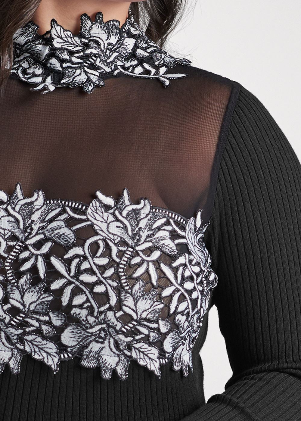 Venus Plus Size Floral Applique Sweater in Black & White