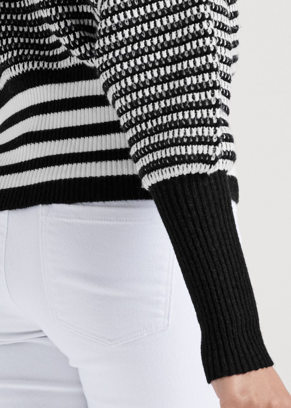 Venus Plus Size Cropped Stripe V-Neck Sweater in Black & White