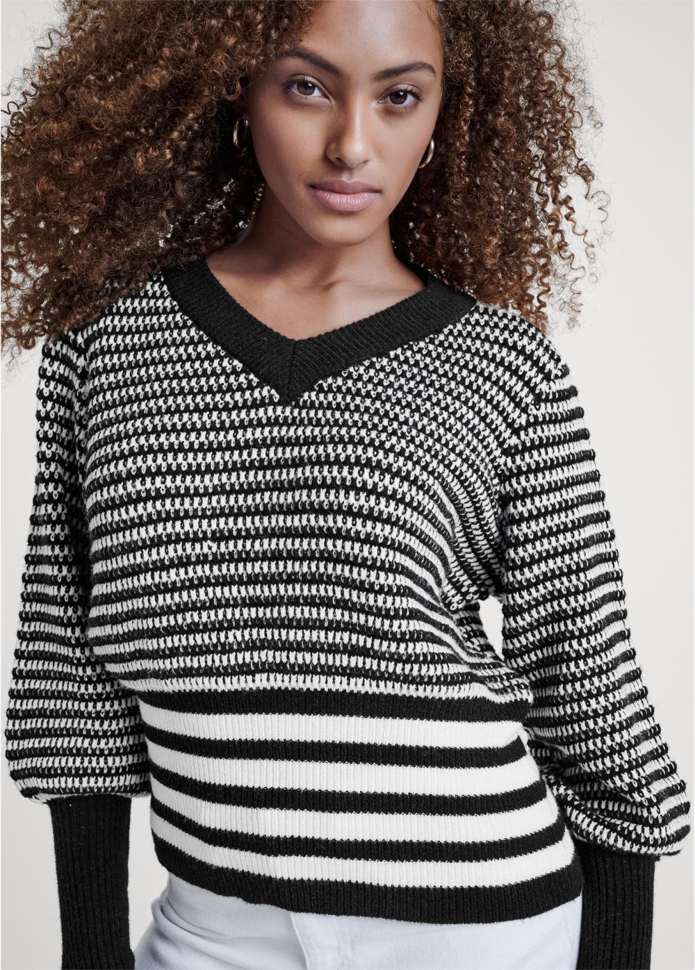 Venus Plus Size Cropped Stripe V-Neck Sweater in Black & White