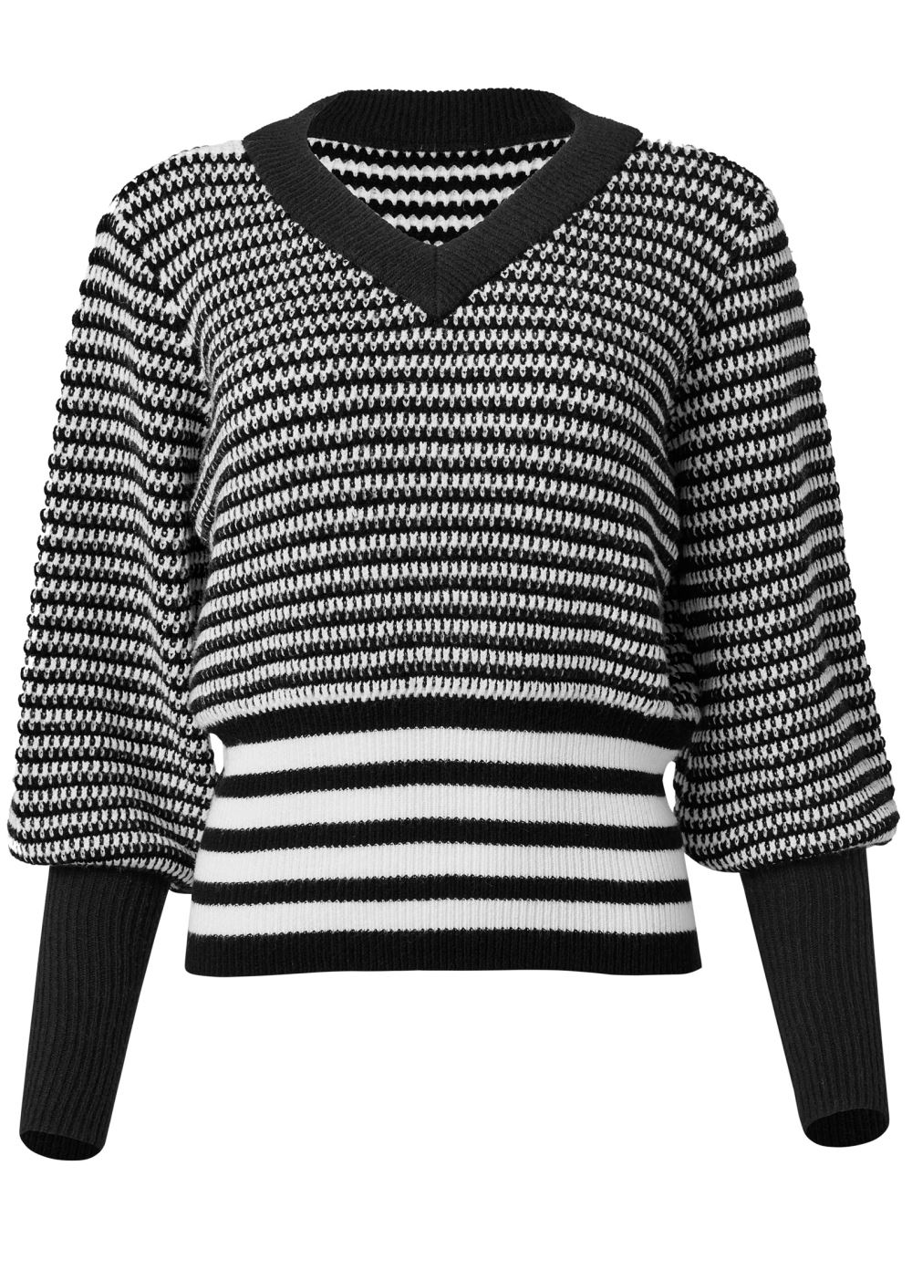 Venus Plus Size Cropped Stripe V-Neck Sweater in Black & White