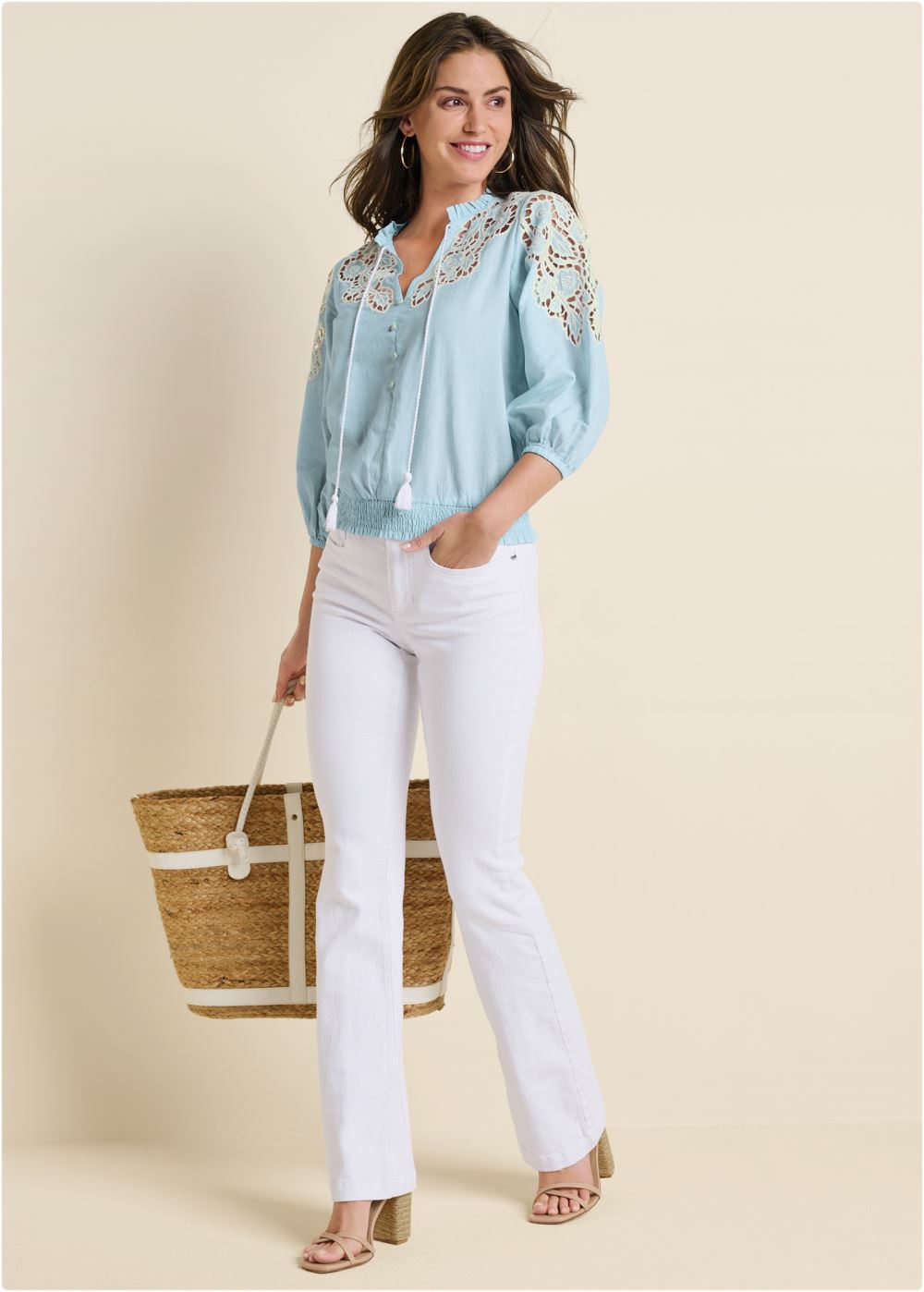 Venus Plus Size Eyelet Smocked Hem Blouse