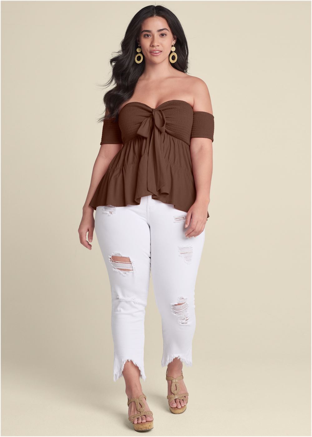 Venus Plus Size Tie Front Smocked Top