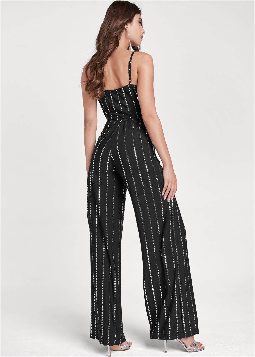 Venus Plus Size Sequin Pinstripe Jumpsuit in Black