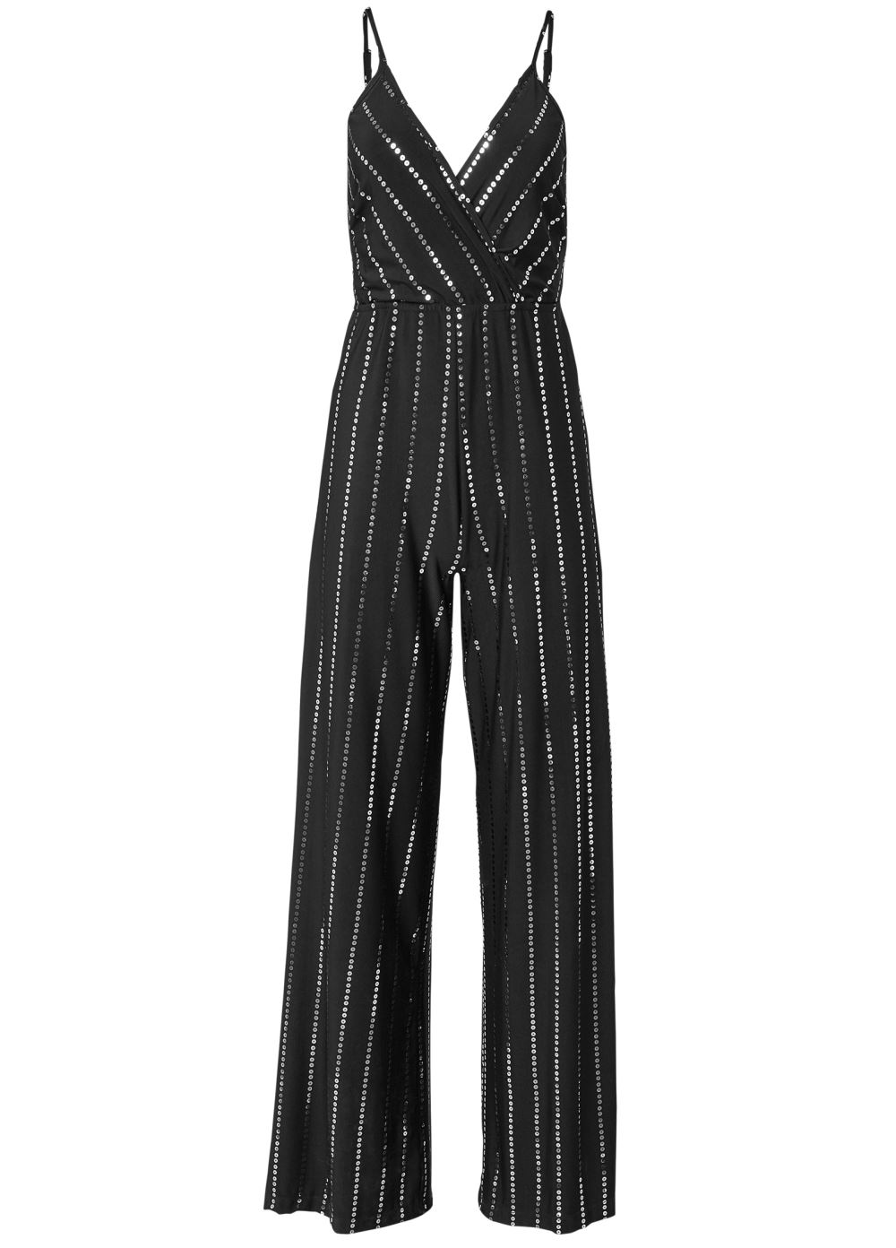 Venus Plus Size Sequin Pinstripe Jumpsuit in Black