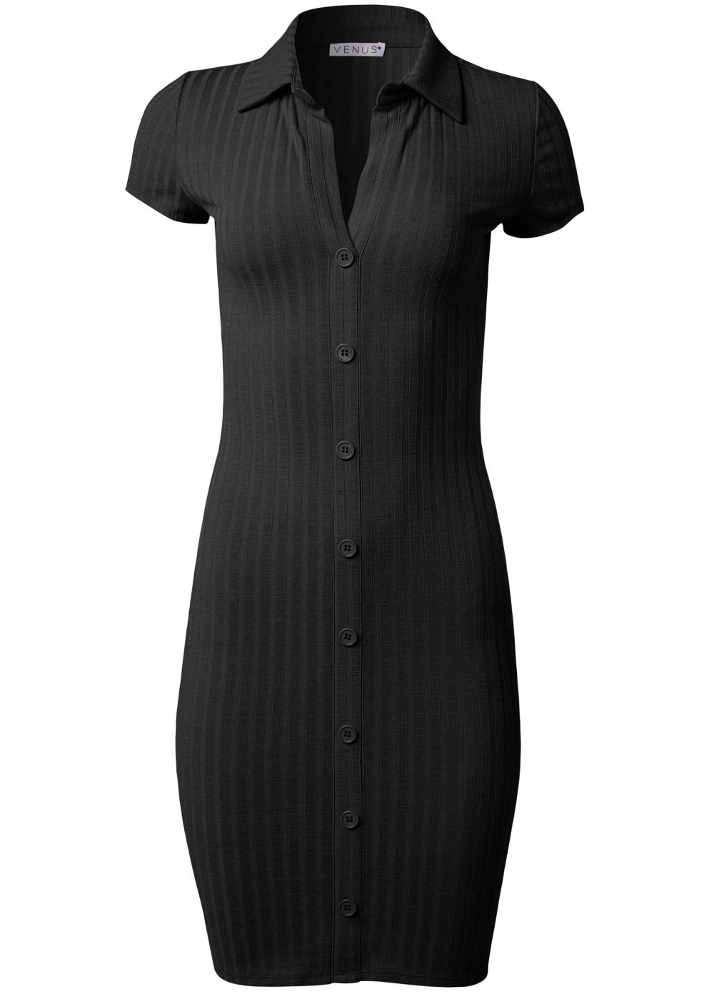 Venus Black RIBBED BUTTON-FRONT DRESS
