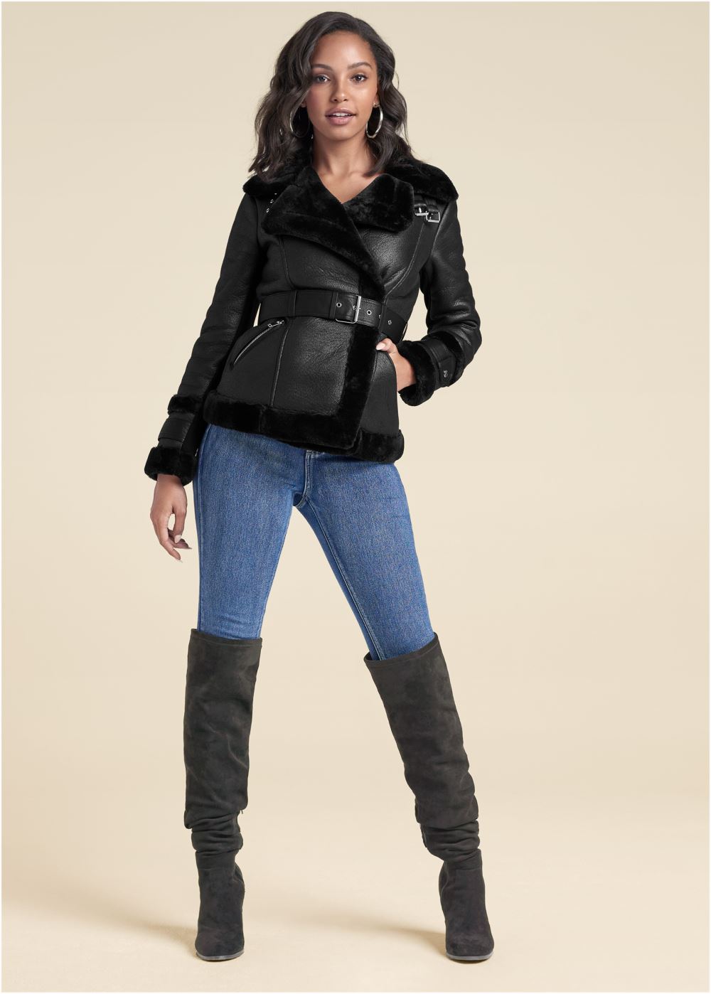 Venus Faux-Leather And Fur Coat in Black