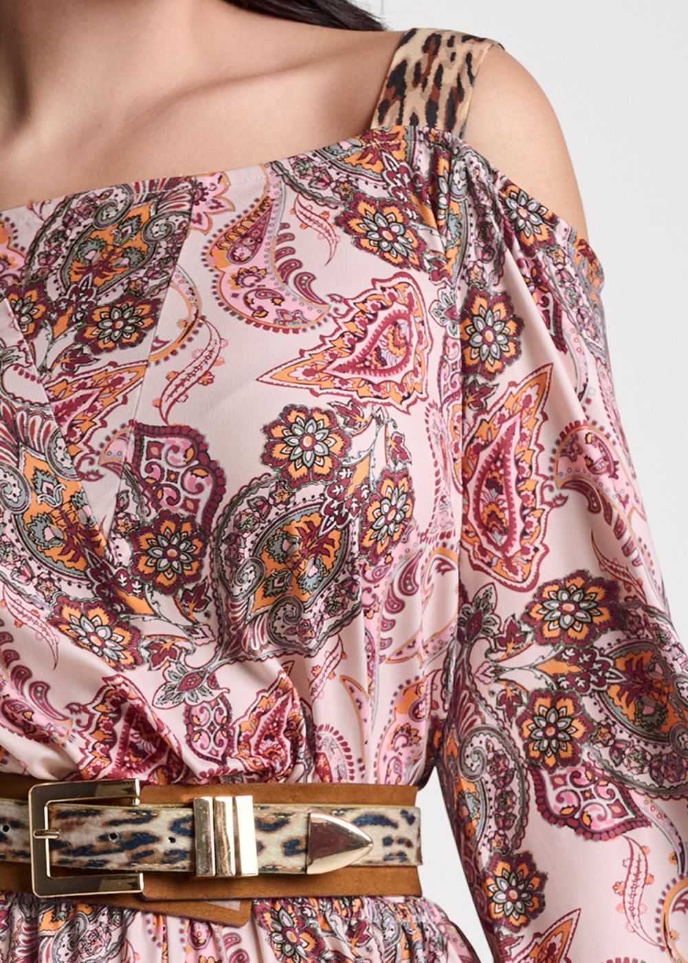 Venus Plus Size Sahara Paisley Cold Shoulder Romper in Blush & Brown