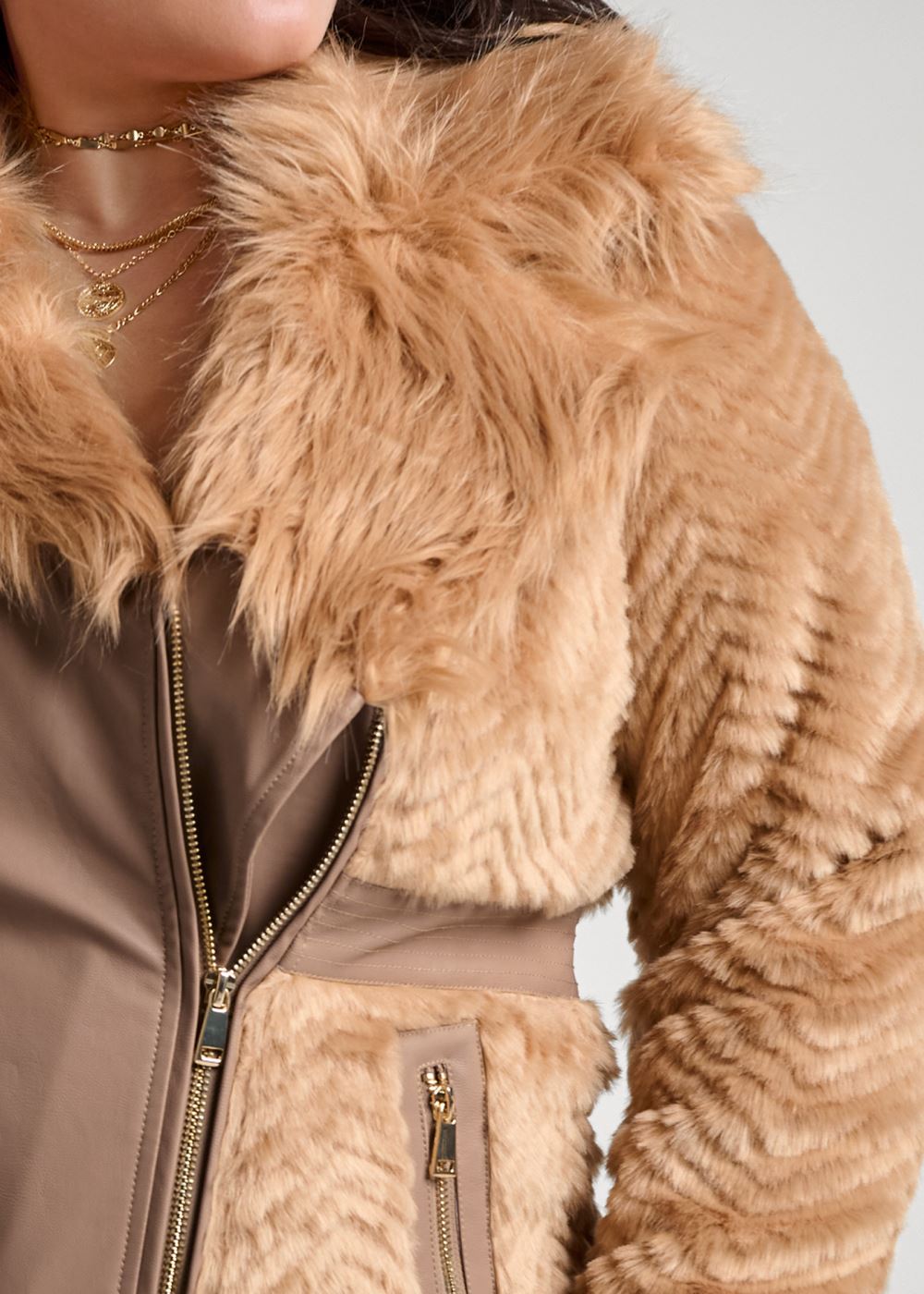 Venus Faux-Fur Side Zip Coat in Tan