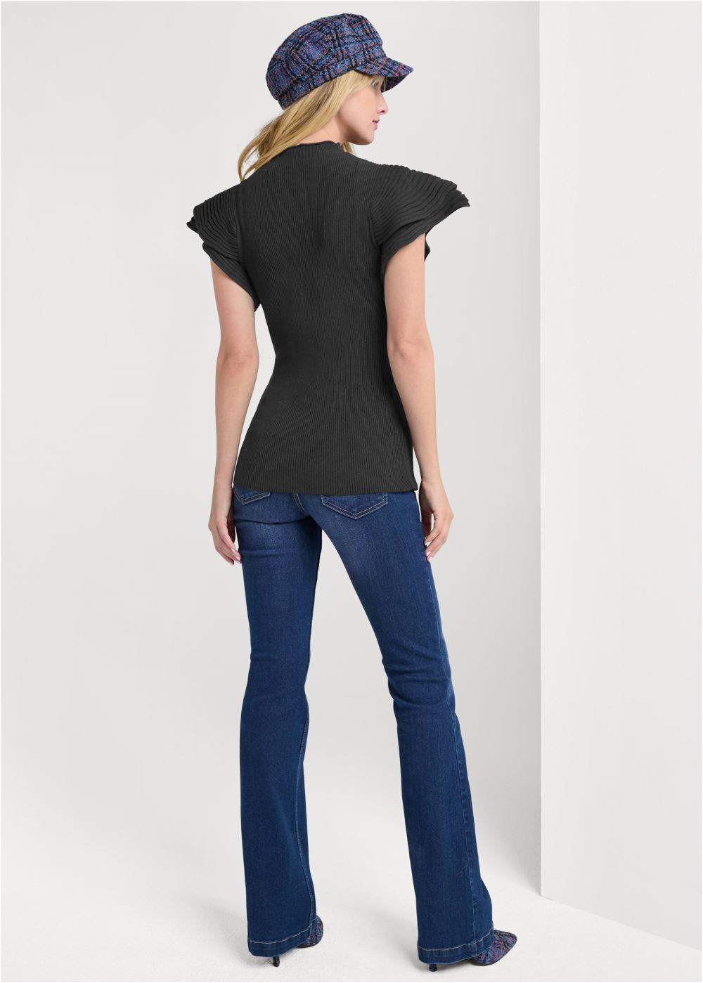 Venus Plus Size Flutter Sleeveless Ribbed Sweater in Black