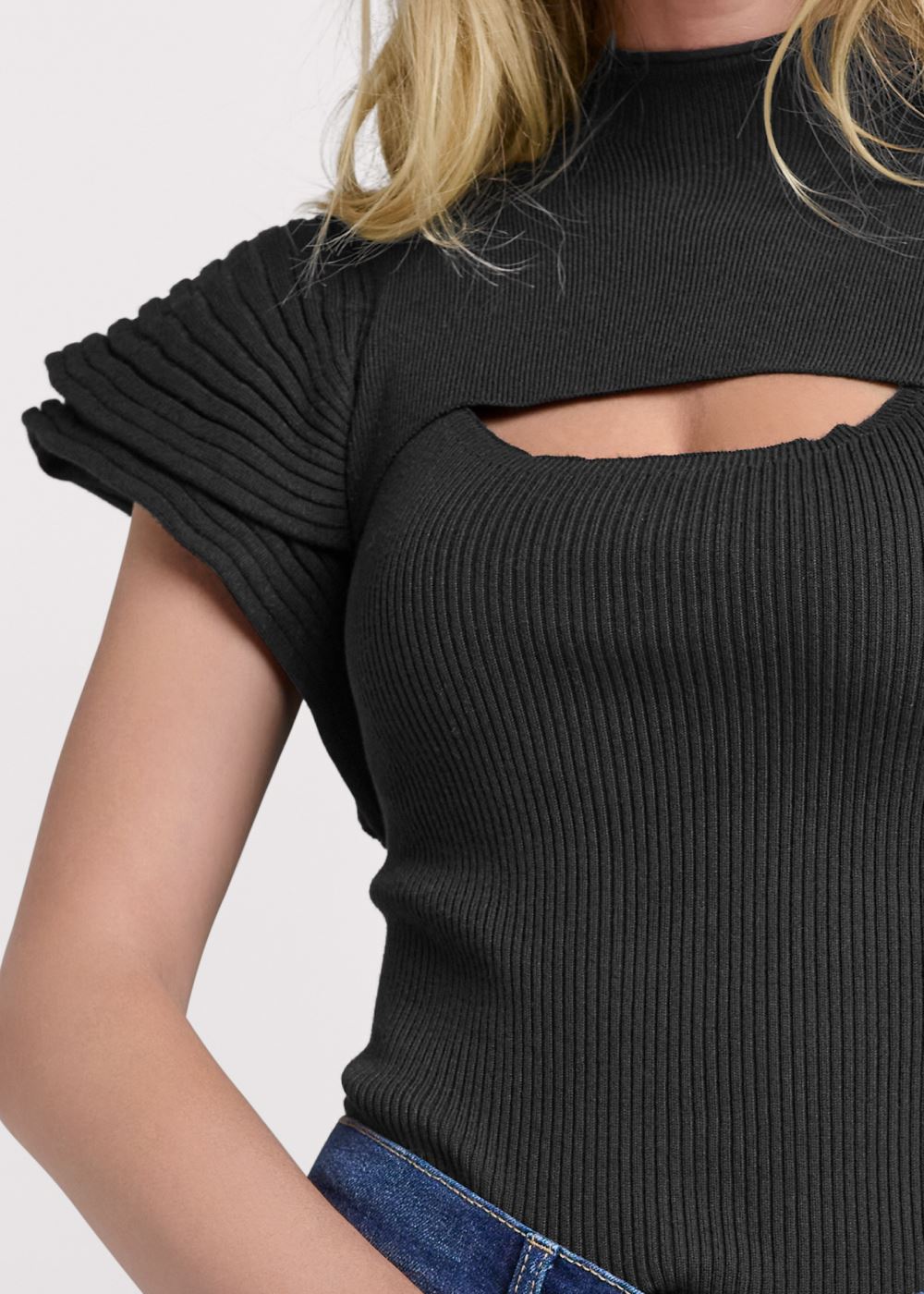 Venus Plus Size Flutter Sleeveless Ribbed Sweater in Black