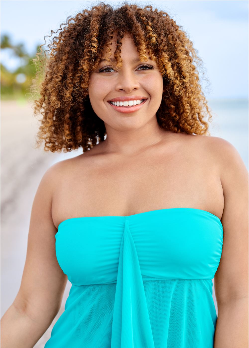 Venus Plus Size Flowing Bandeau Tankini Top Bikini - Aqua Reef