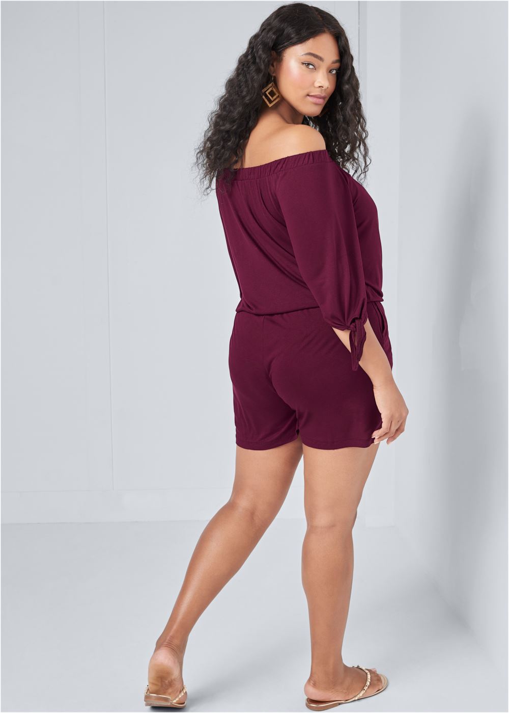 Venus Plus Size Off-The-Shoulder Romper in Dark Red