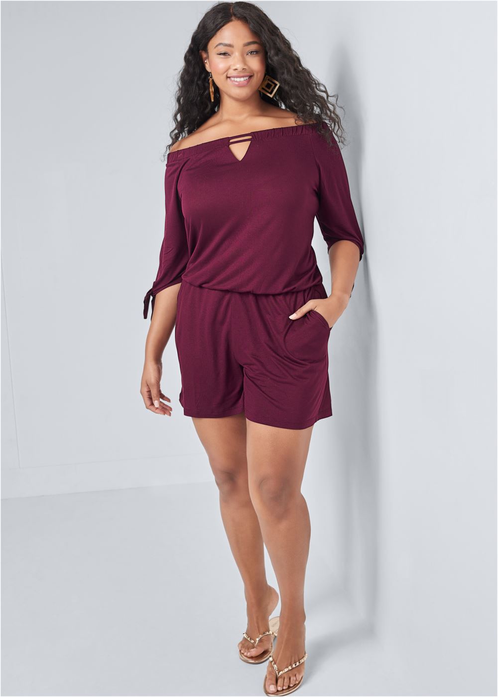 Venus Plus Size Off-The-Shoulder Romper in Dark Red