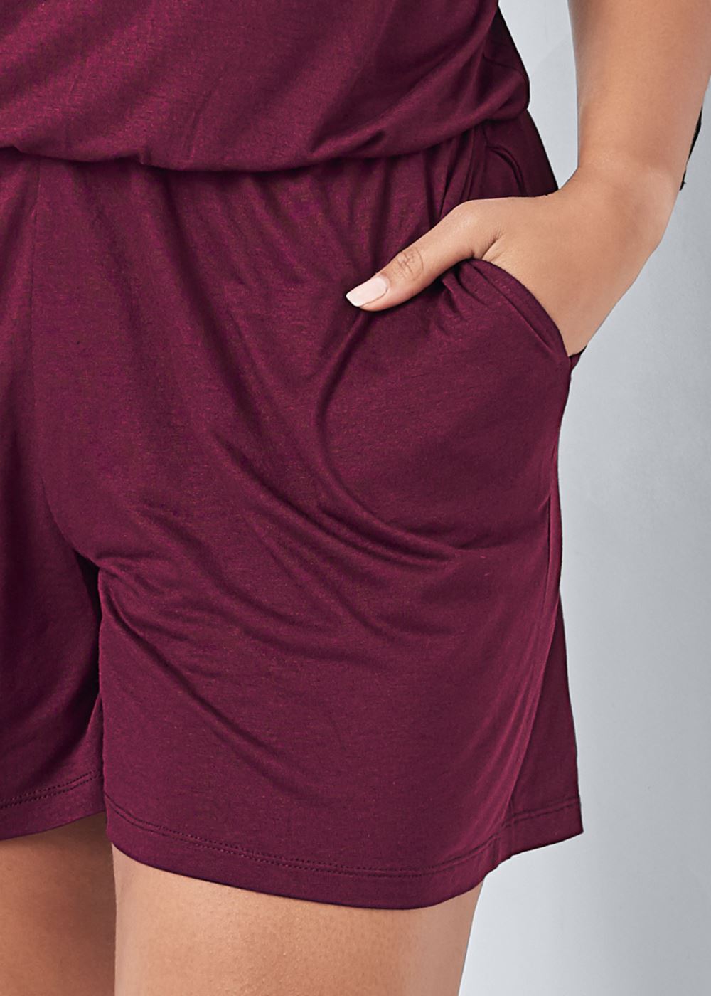 Venus Plus Size Off-The-Shoulder Romper in Dark Red