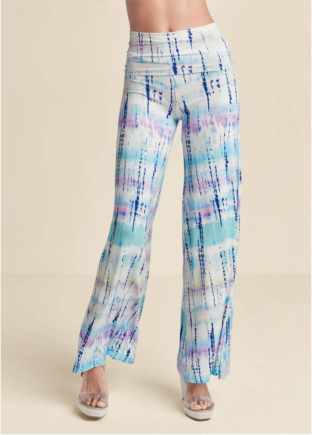 Venus Plus Size Tie Dye Fold Over Pants in White Multi