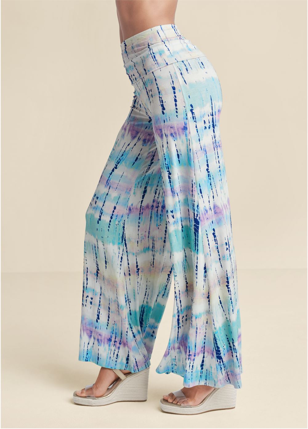 Venus Plus Size Tie Dye Fold Over Pants in White Multi
