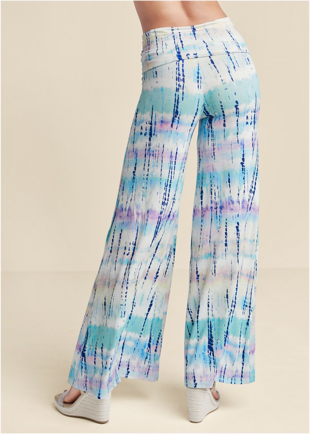 Venus Plus Size Tie Dye Fold Over Pants in White Multi