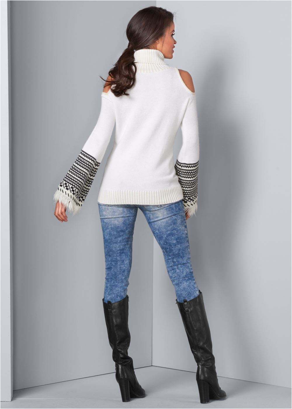 Venus Plus Size Cold-Shoulder Turtleneck Sweater in White & Black
