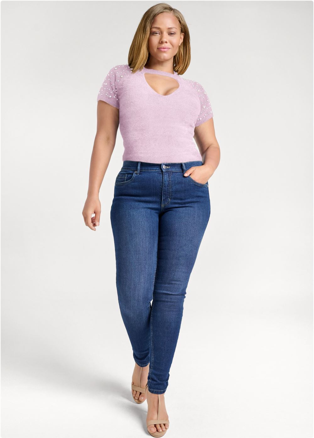 Venus Plus Size Pearl Short Sleeve Sweater in Lilac