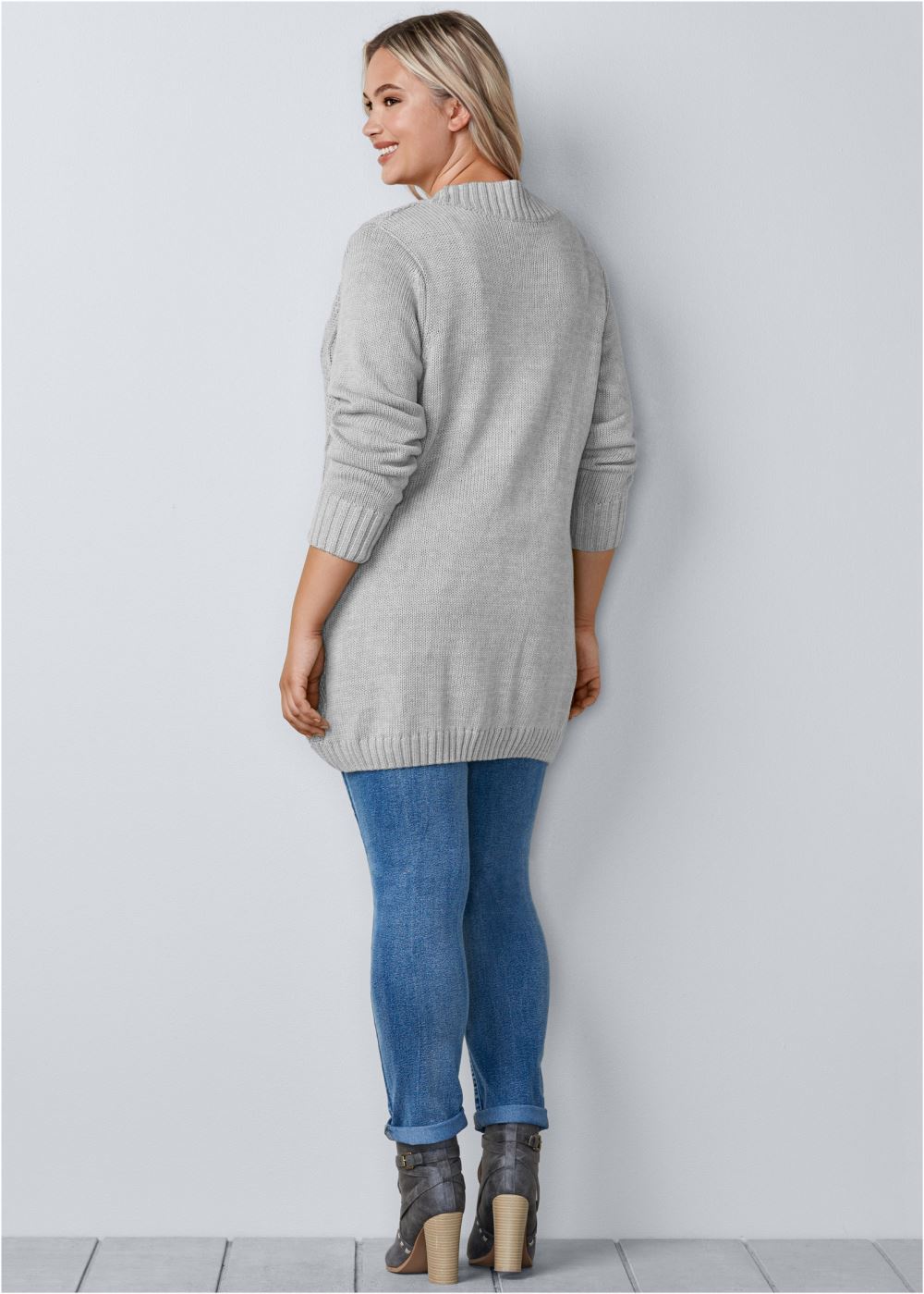 Venus Plus Size Button-Front Knit Cardigan in Light Grey