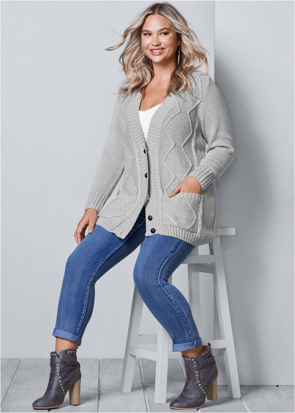 Venus Plus Size Button-Front Knit Cardigan in Light Grey