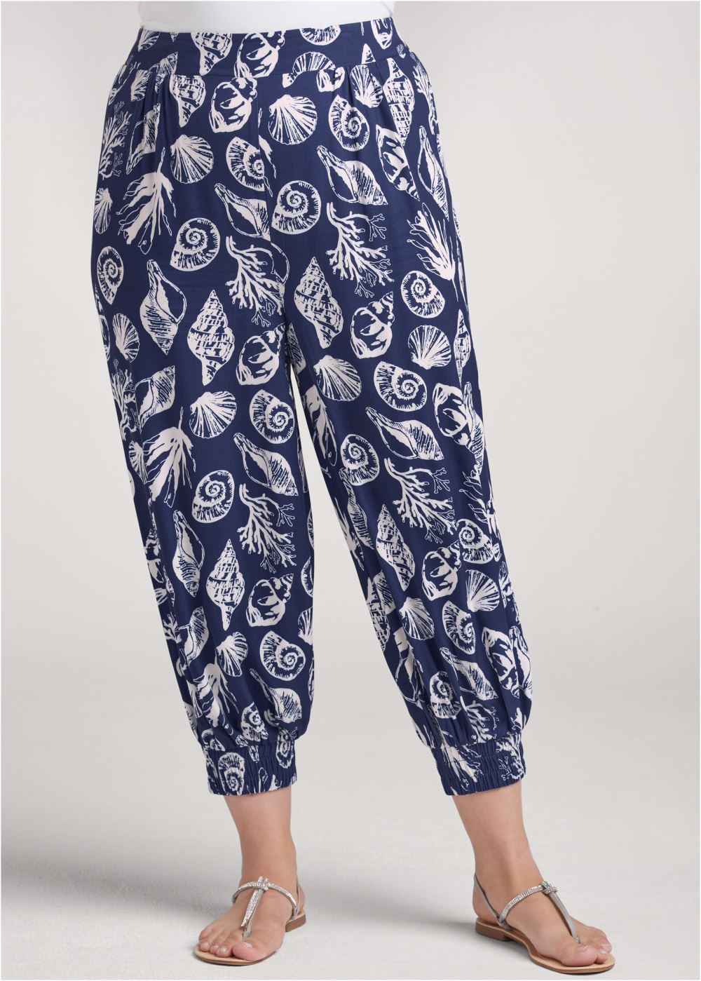 Venus Plus Size Deep Ocean Patterned Pants in Navy & White