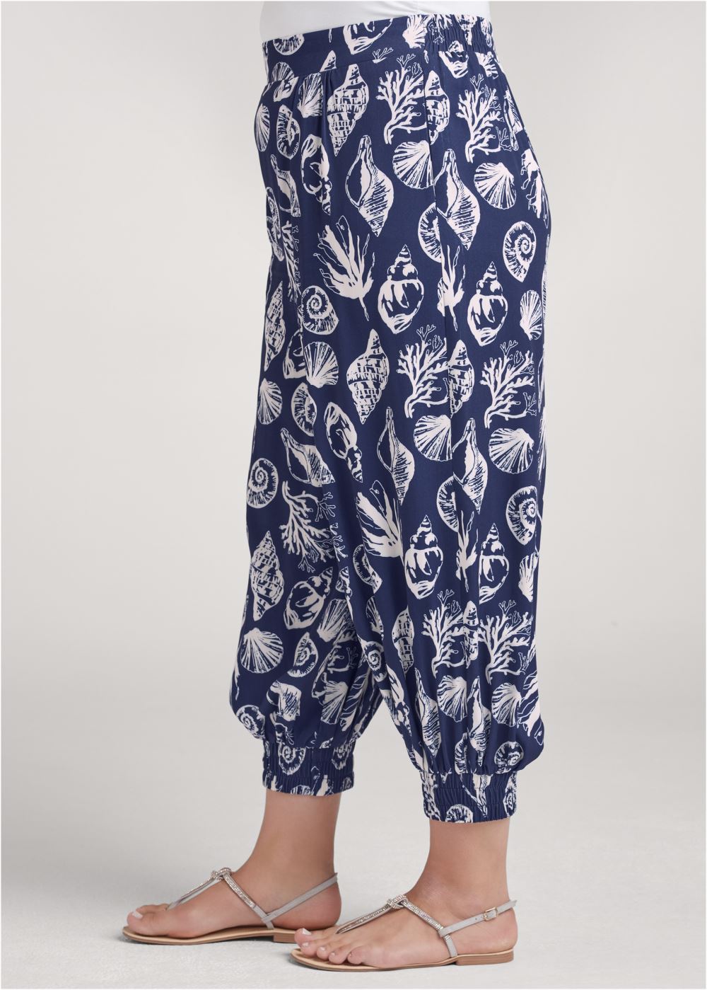 Venus Plus Size Deep Ocean Patterned Pants in Navy & White