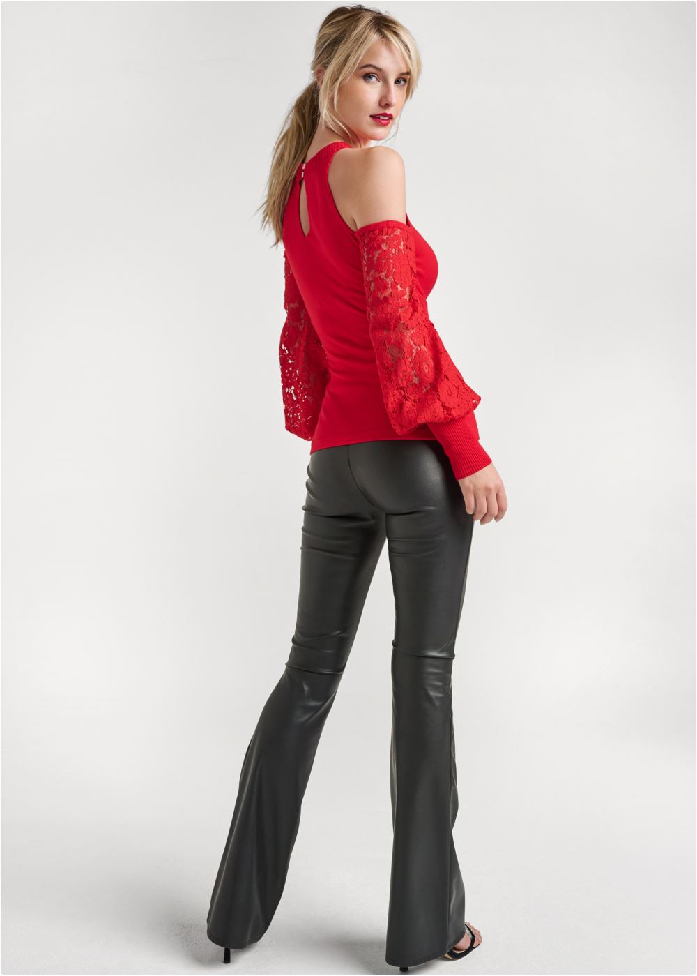 Venus Plus Size Cold-Shoulder Lace Sweater in Red