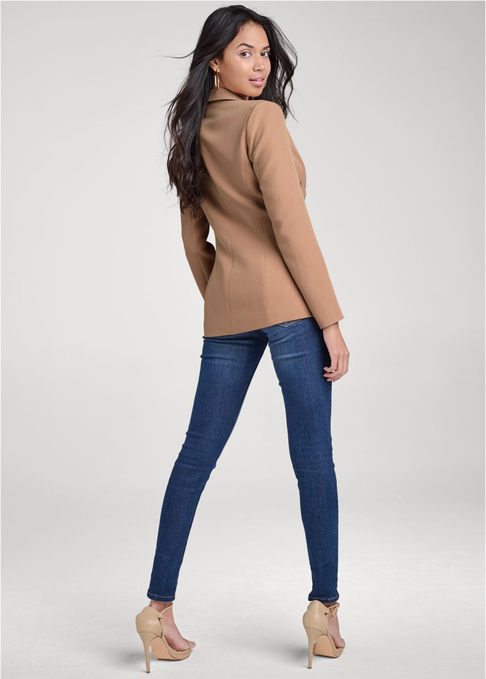 Venus Camel Zipper Detail Buttoned Blazer
