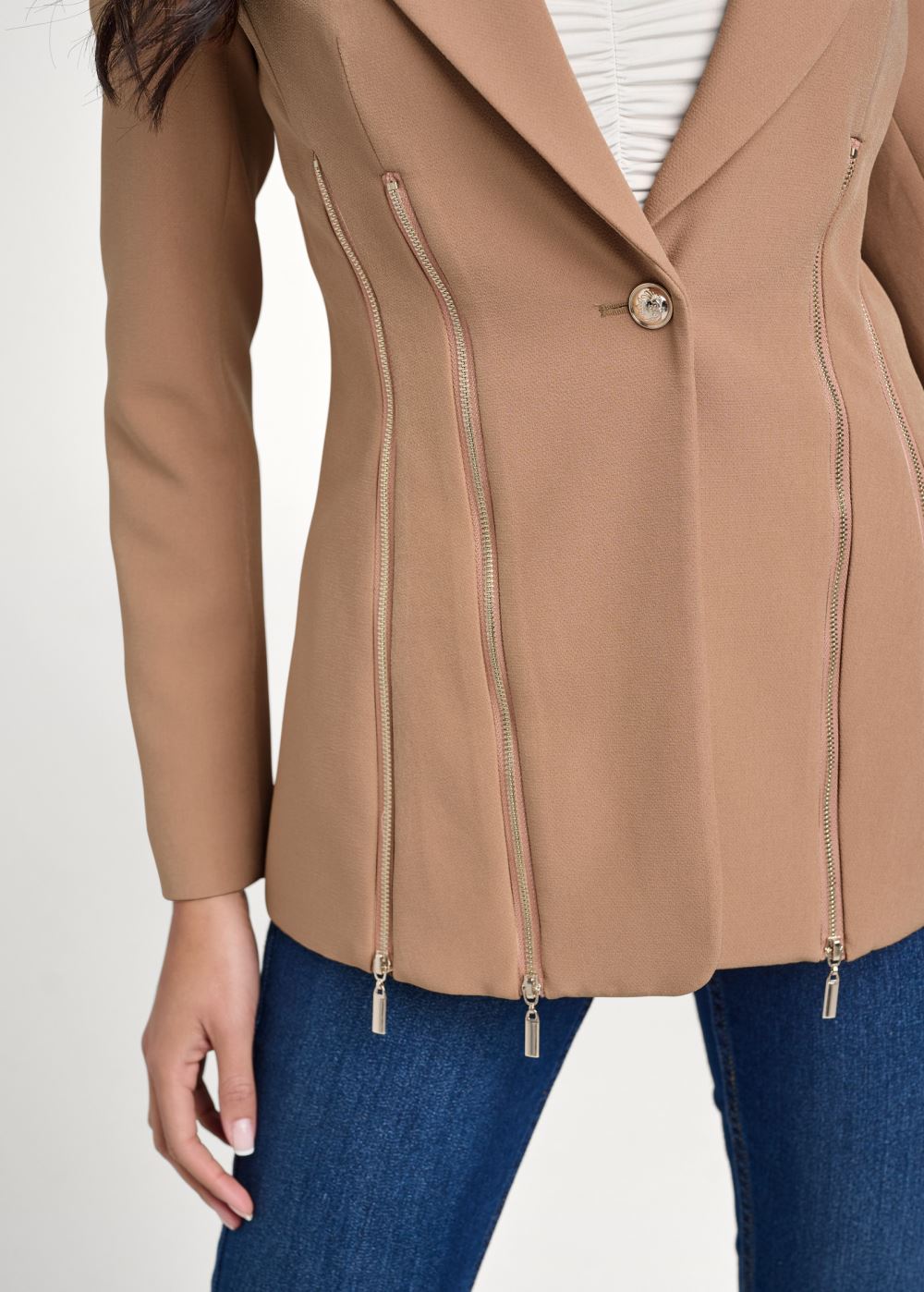 Venus Camel Zipper Detail Buttoned Blazer