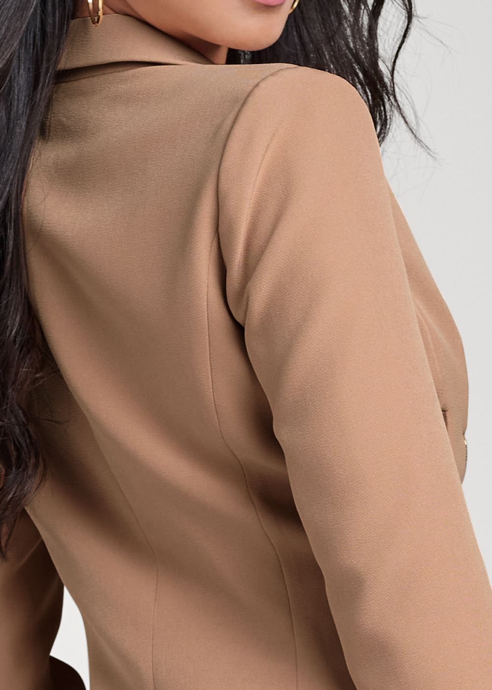 Venus Camel Zipper Detail Buttoned Blazer