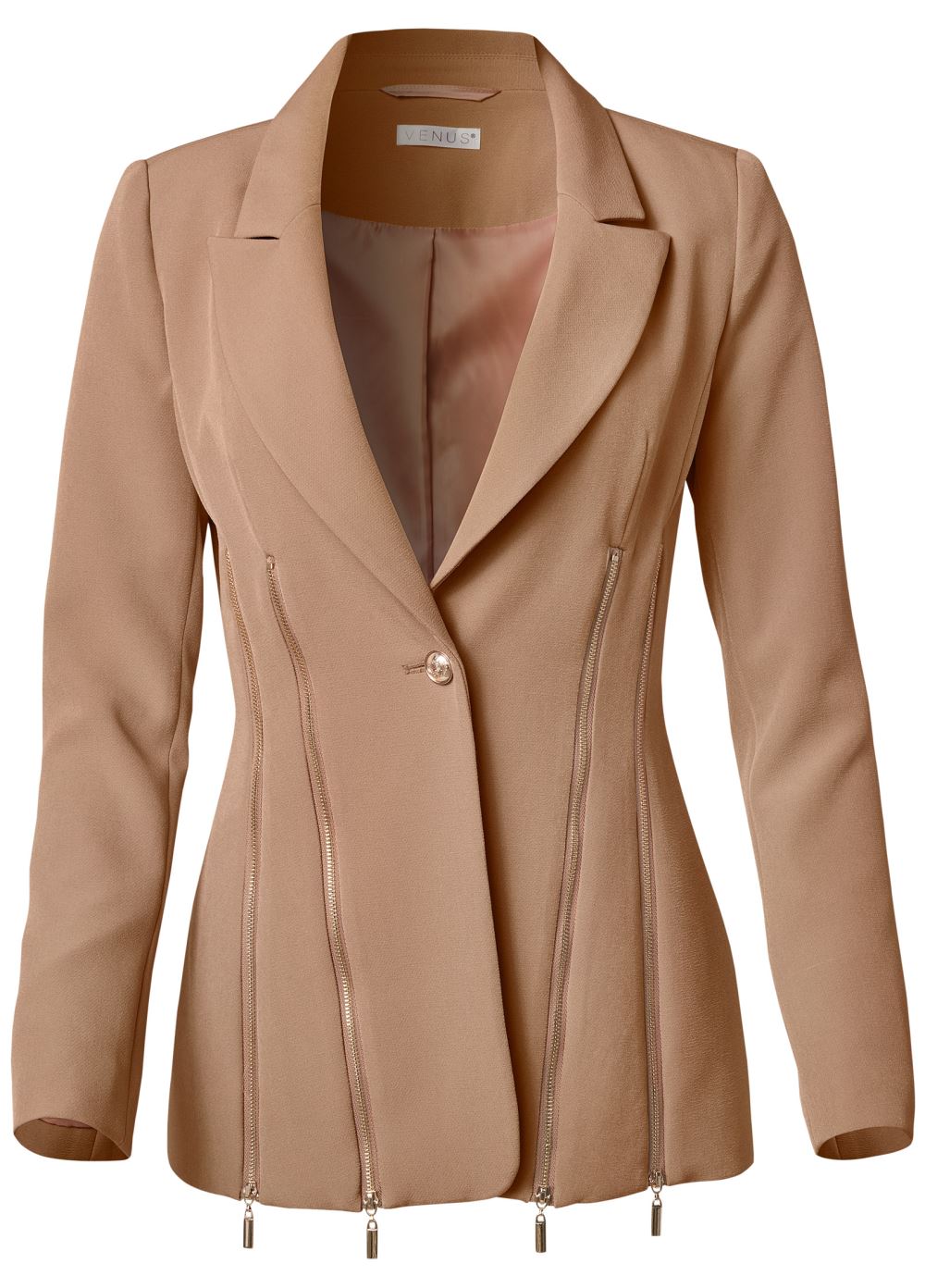 Venus Camel Zipper Detail Buttoned Blazer