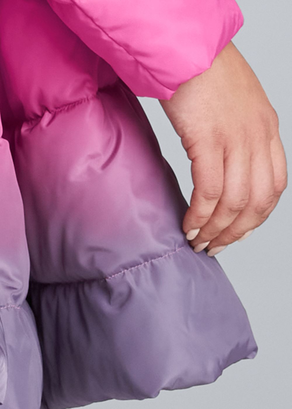 Venus Ombre Peplum Puffer Coat in Pink Multi