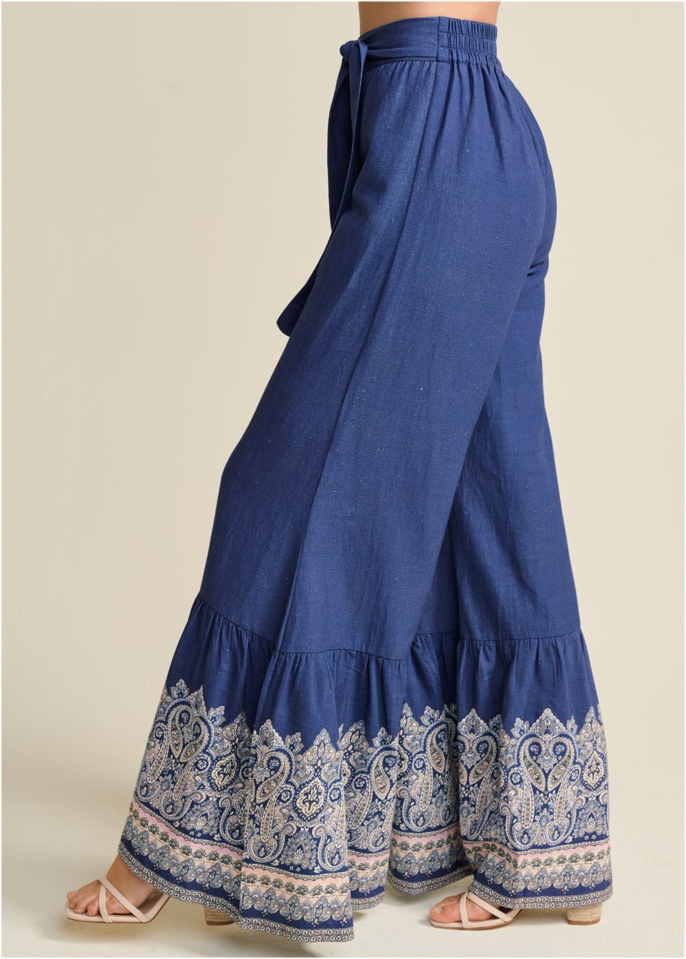 Venus Plus Size Linen Border Print Pants in Navy Multi